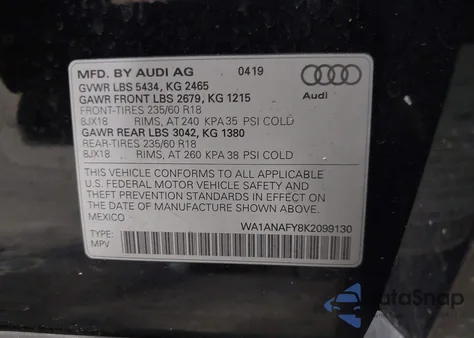 2019 Audi Q5 45 Premium из США, поврежденный, VIN WA1ANAFY8K2099130